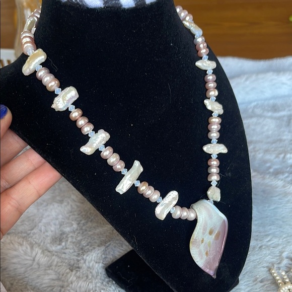 Pink and Cream Necklace with Iridescent Pendant - Picture 3 of 4